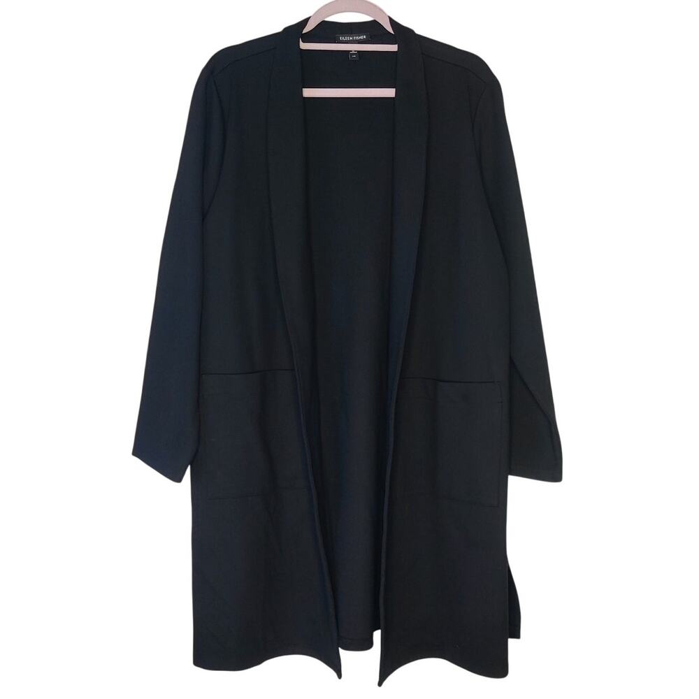 Eileen Fisher Black V Neck Long Line Duster Coat Ponte Jacket XL Quiet Luxury